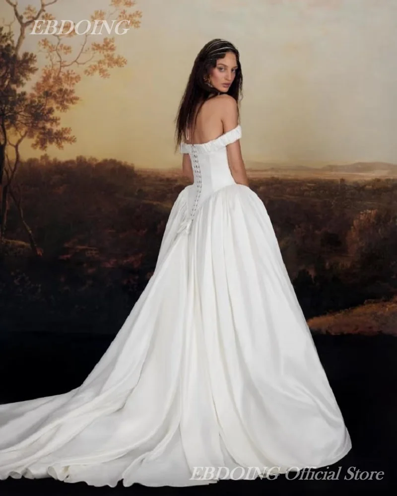 EBDOING Wedding Dress A-Line Satin Boat Neck Neckline Chapel Train With Bow Customized Bride Gown