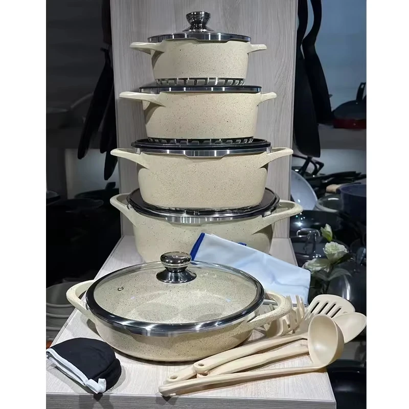 Cookware Set 17 Pieces Brown Granite Aluminum Non-Stick Cookware Set Kitchen