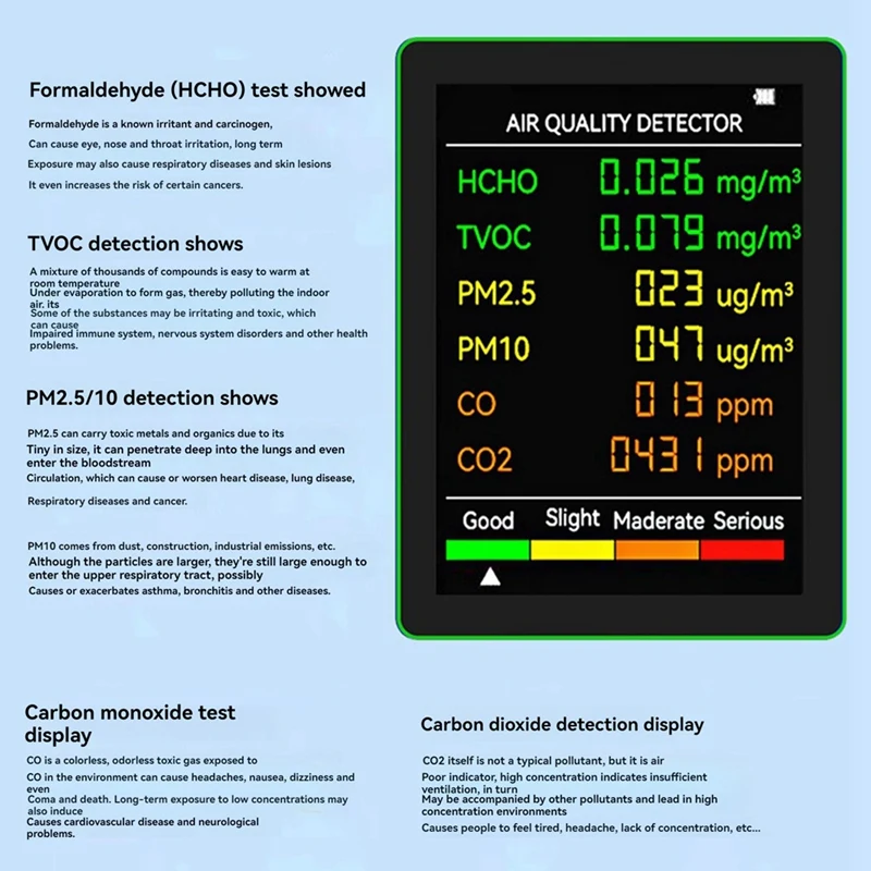 Air Quality Detector 6 In 1 Detector HCHO TVOC CO2 CO PM10 PM2.5 Meter Gases Detecting Intelligent