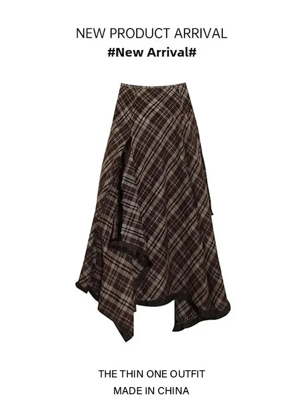 Retro Plaid Slimming Long A-Line Midi Skirt High Waist Tassel Insert Large Hemline Autumn Fashion Ladies Casual Cotton Skirt
