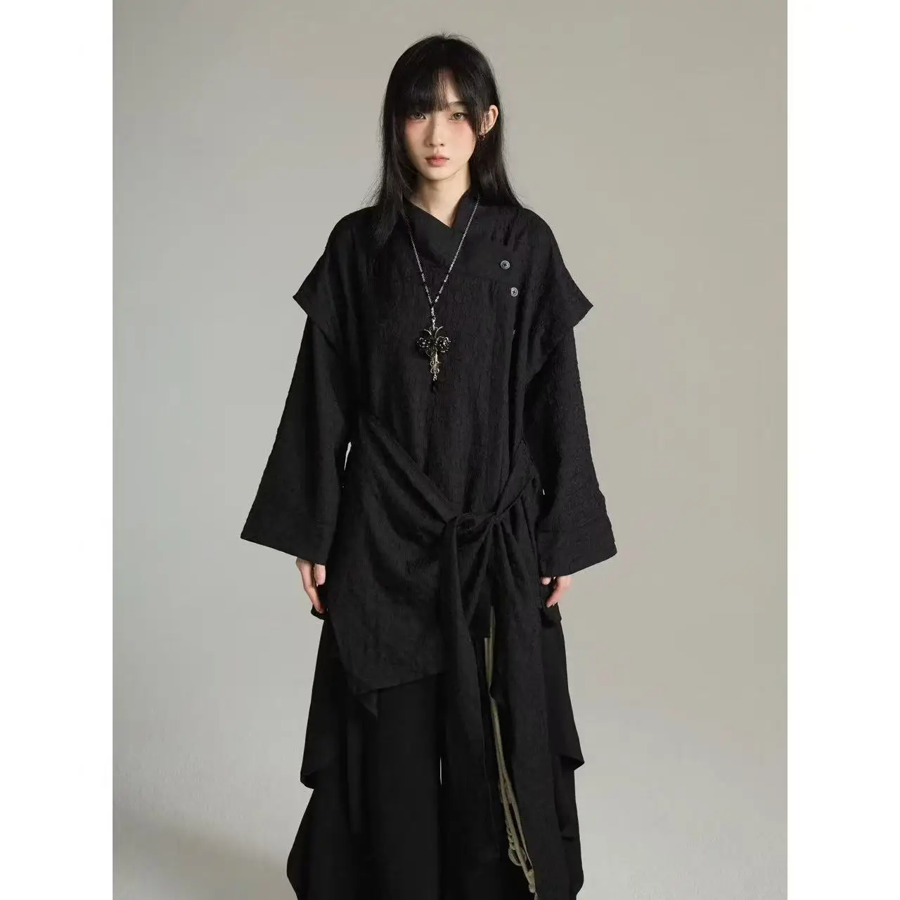 Niche Bisex Patchwork Tops New Chinese Style Loose Long Sleeved Shirt Stylish Black Street Fashion y2k Outfit Casual Patchwork
