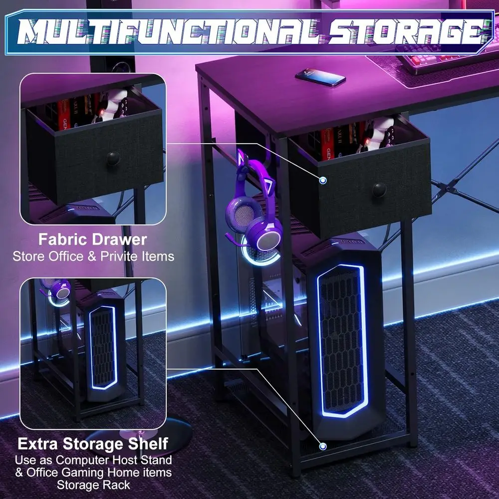 Scrivania da gioco compatta illuminata a LED con prese di corrente, cassetto portaoggetti e supporto per monitor per ufficio domestico o camera da letto