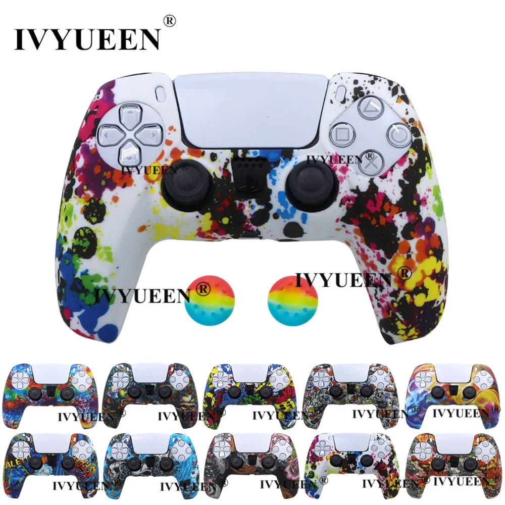 IVYUEEN for Sony PlayStation 5 DualSense Wireless Controller Protection Skin Silicone Case Cover with Analog Thumb Grips Caps