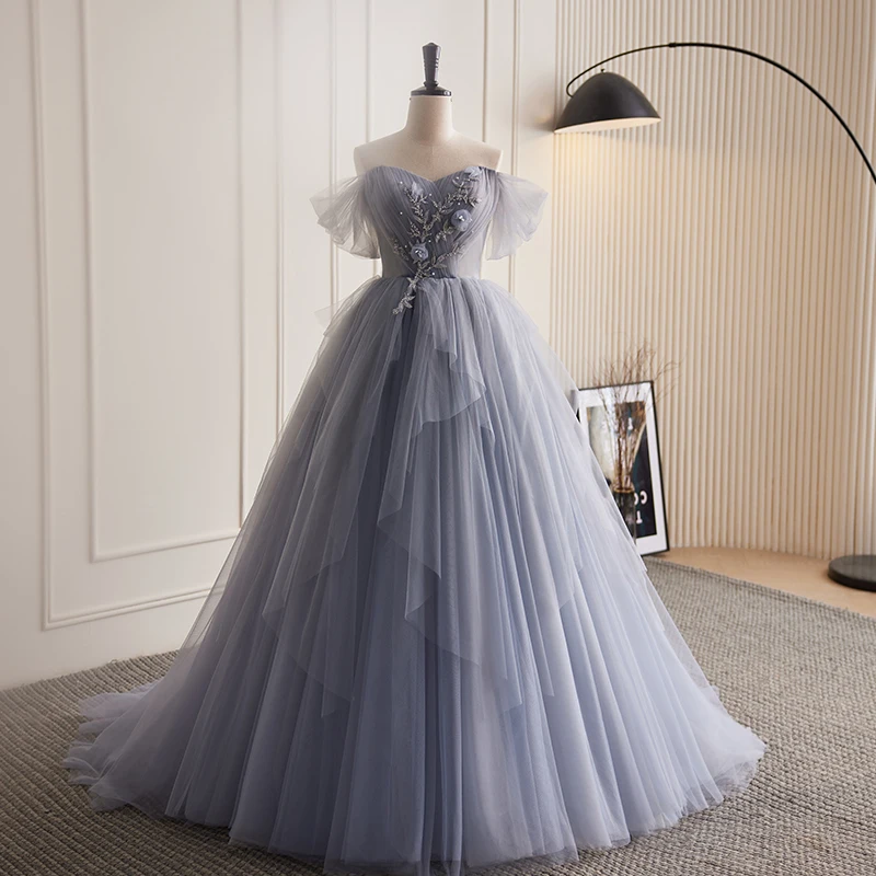 Gray Boat Neck Evening Dress Short Sleeves Lace Up Tulle Pleat Floor Length Appliques A-Line Plus Size Women party Dresses B2584