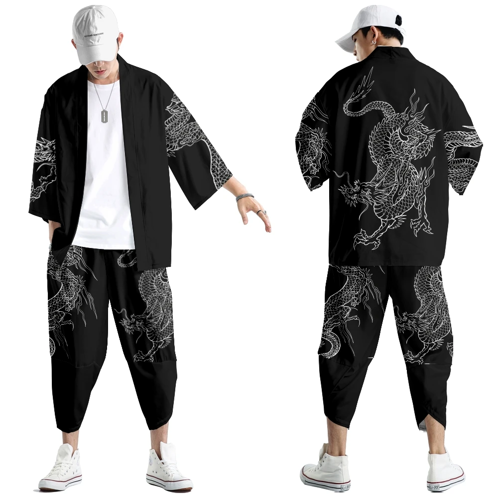 Two-piece Suit Japanese Cardigan Men Anime Dragon Pattern Yukata Cosplay Kimono Pants Sets Asian Traditional Clothing