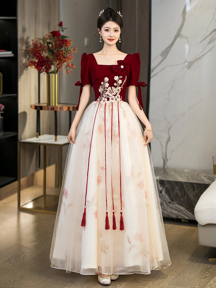 

Red Wedding Dress New 2026 Engagement Evening Gown Luxury Sensation Vintage Style Short Sleeve Long Skirt Floral Pattern