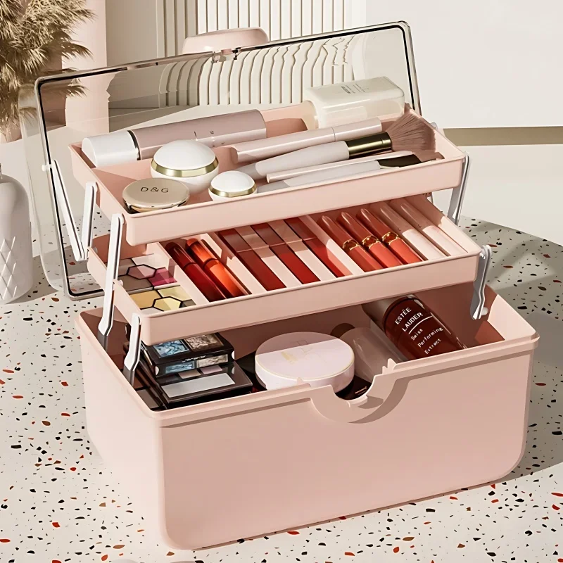

Large Capacity Cosmetic Organizer 3 Tier Portable Medicine Organizer Plastic Dustproof Multi-Purpose Portable Storage Case