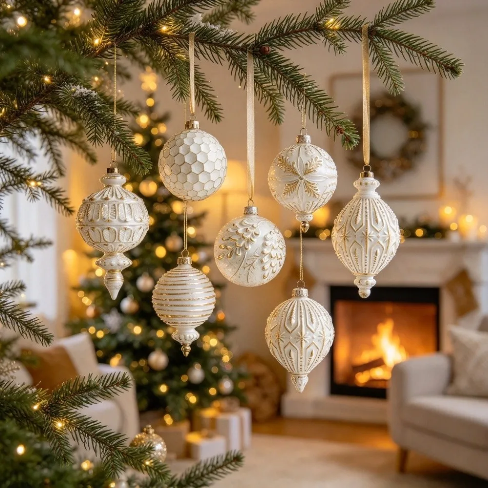 Vintage Hand Rubbed Christmas Ball Set Gold Edge Embossed Relief Baubles Shatterproof Tree Hanging Ornament For Home Holiday