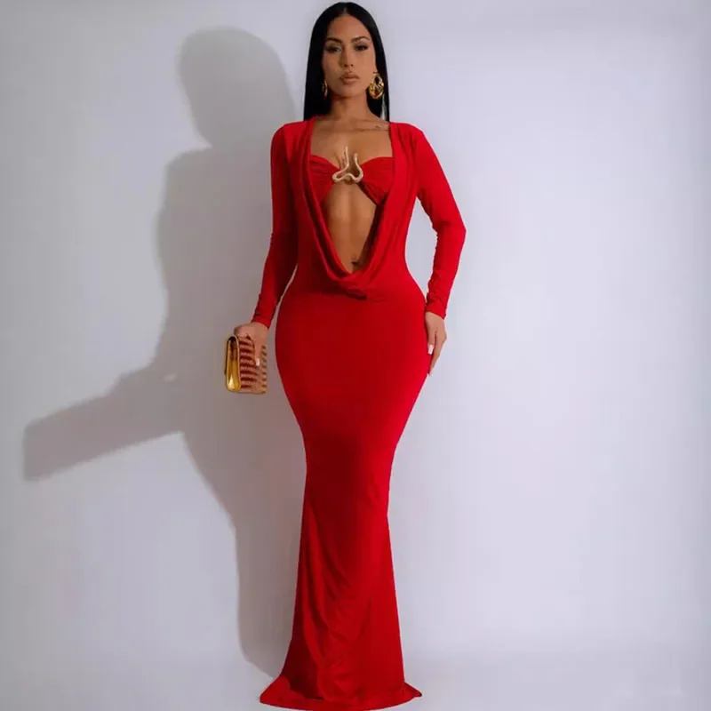 Elegante Geraffte Tiefen V-ausschnitt Langarm Bodycon Maxi Kleid Frauen Abend Nachtclub Party Promi Prom Meerjungfrau Lange Kleider Robe