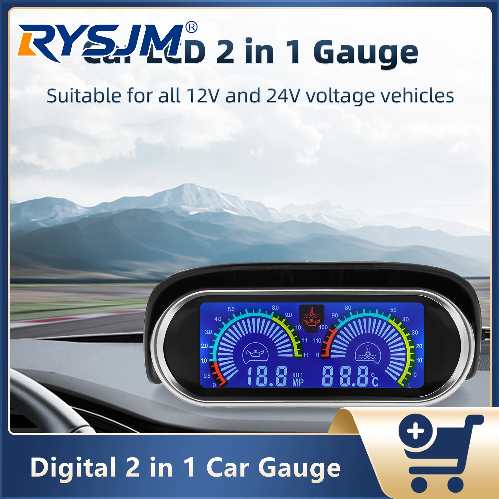 2 In 1 LCD Car Digital Oil Pressure Gauge Water Temp Meter 1/8 NPT Oil Pressure sensor  Water Temperature Sensor 10mm