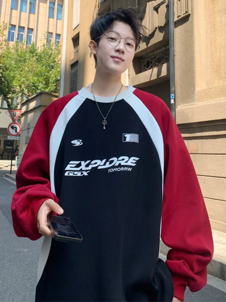 

Мужская толстовка с круглым вырезом, весенне-осенняя, плотная, с жестким буквенным принтом, в американском ретро-стиле, с цветными блоками, парная куртка