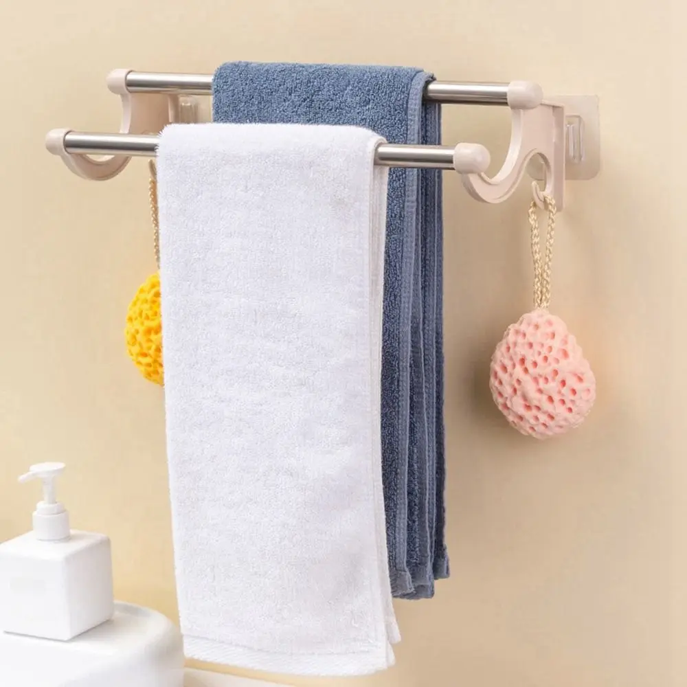 

Stainless Steel Double Rod Towel Bar Wall Mounted Punch-free Towel Rack Space Saving Traceless Towel Storage Shelf Toilet