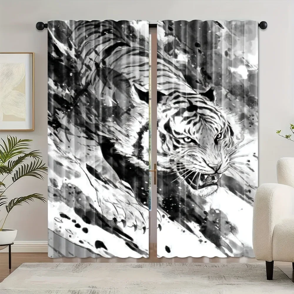 2pcs Ink Wash Tiger Curtains Monochrome Polyester Light Filtering Rod Pocket Living Room Bedroom Office