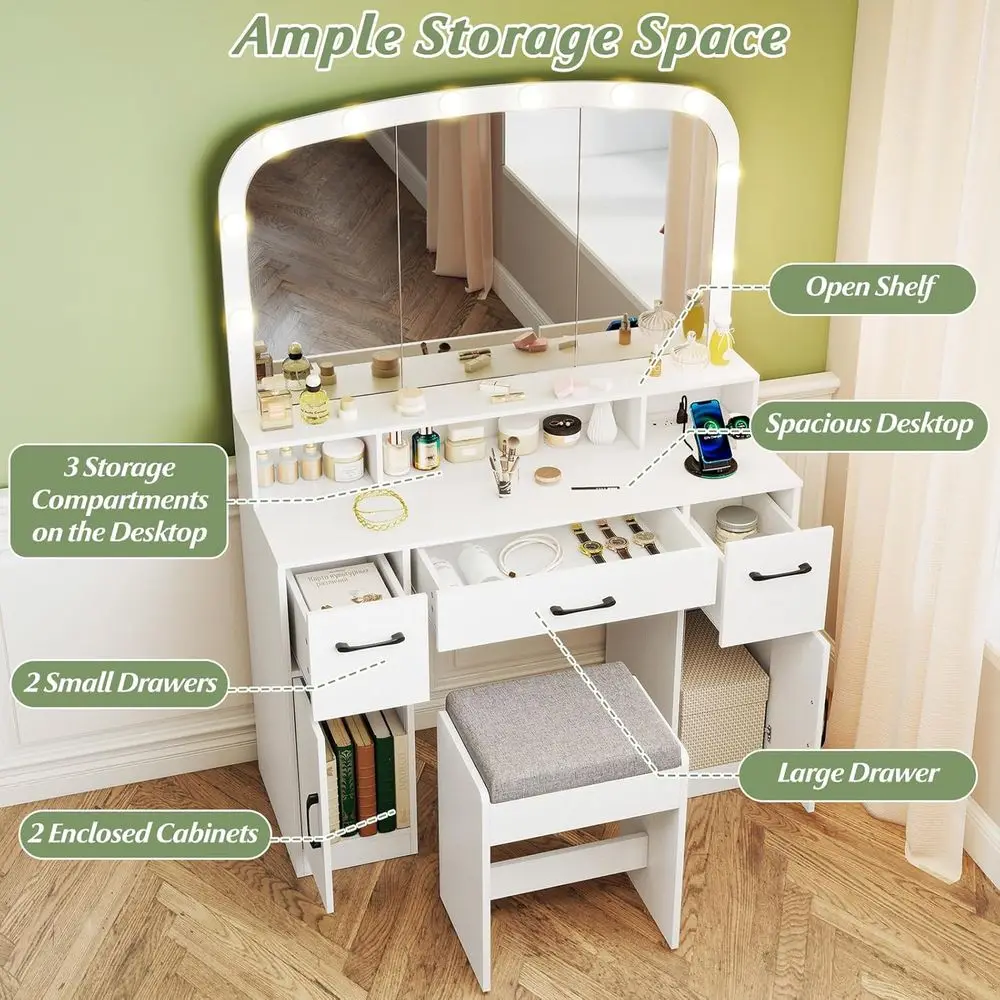 Large Arched Mirror Vanity Desk with Lighting and Charging Station, Storage Drawers & Cabinet for Makeup and Bedroom view 3