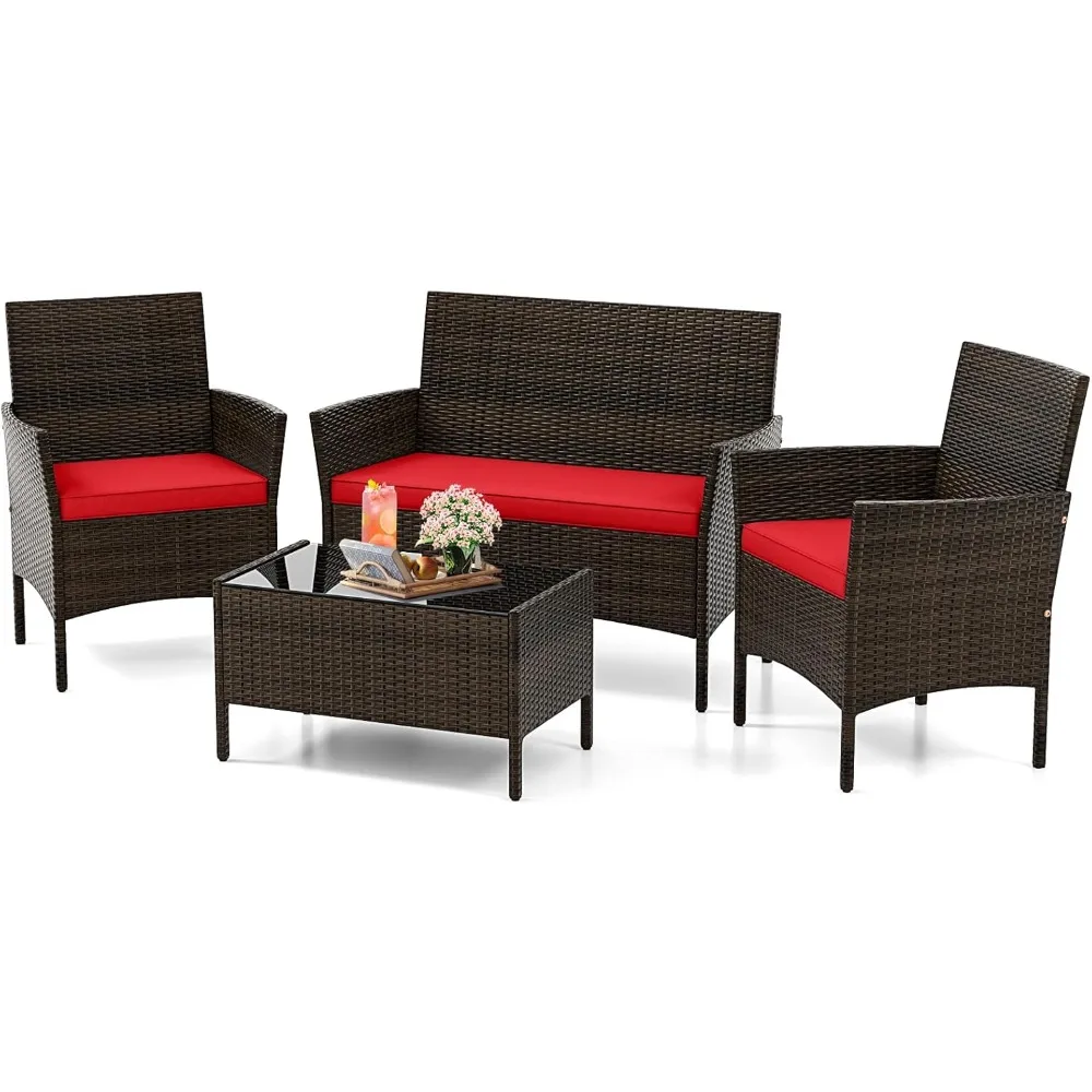 

4 Piece Patio Furniture Set, Outdoor Rattan Conversation Set with Loveseat, Wicker Chairs, Tempered Glass Coffee Table, Wicker