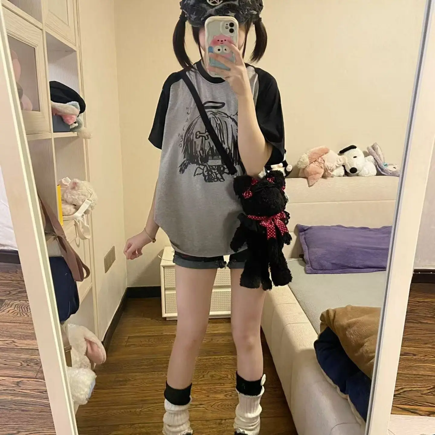 Y2K Harajuku Two-Piece Outfit Anime Print Raglan T-Shirt + Ripped Denim Shorts Gothic Grunge Streetwear Japanese Hot Girl