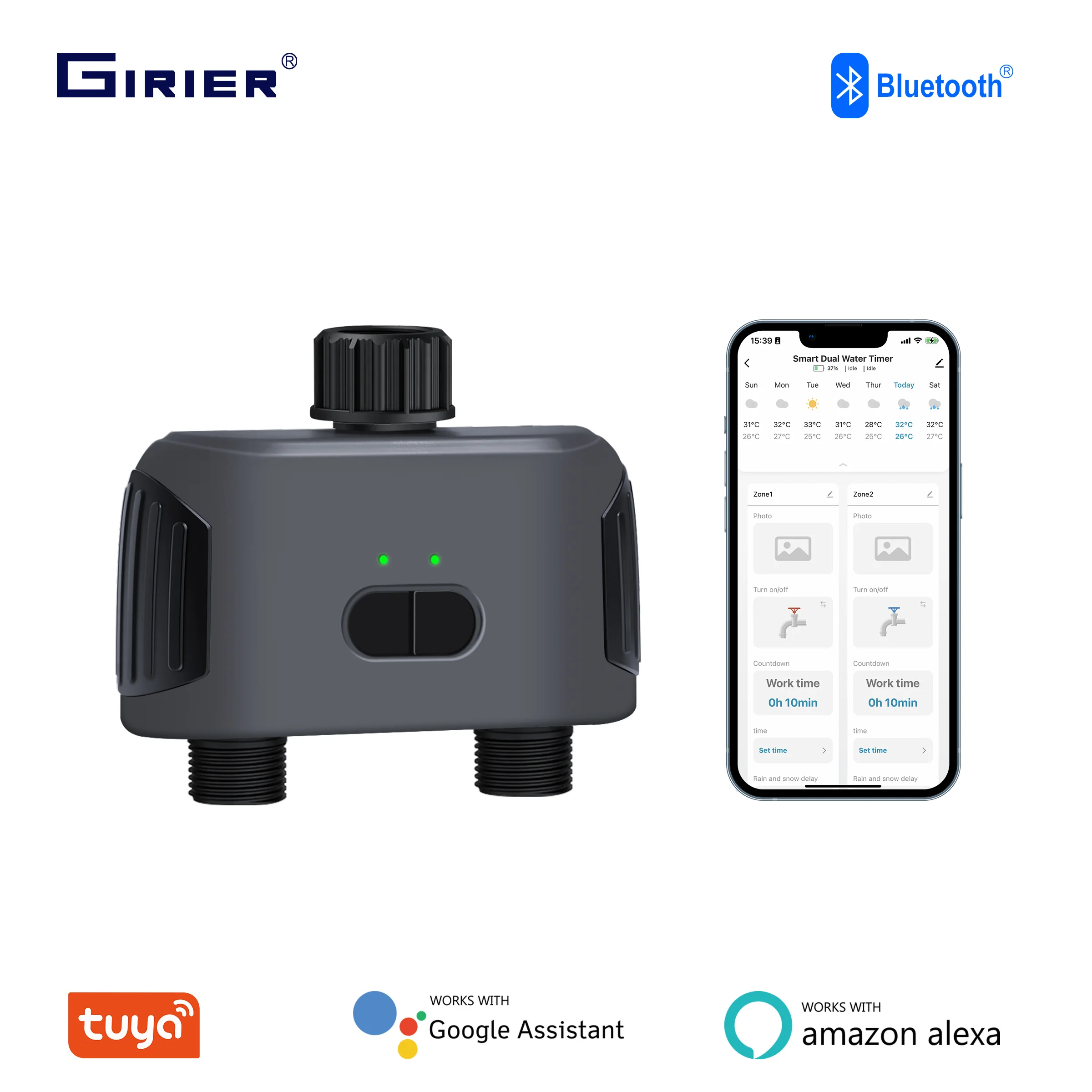 

GIRIER Tuya Smart Bluetooth Water Timer Programmable Sprinkler Controller 2 Outlets for Garden Lawn Works with Alexa Hey Google