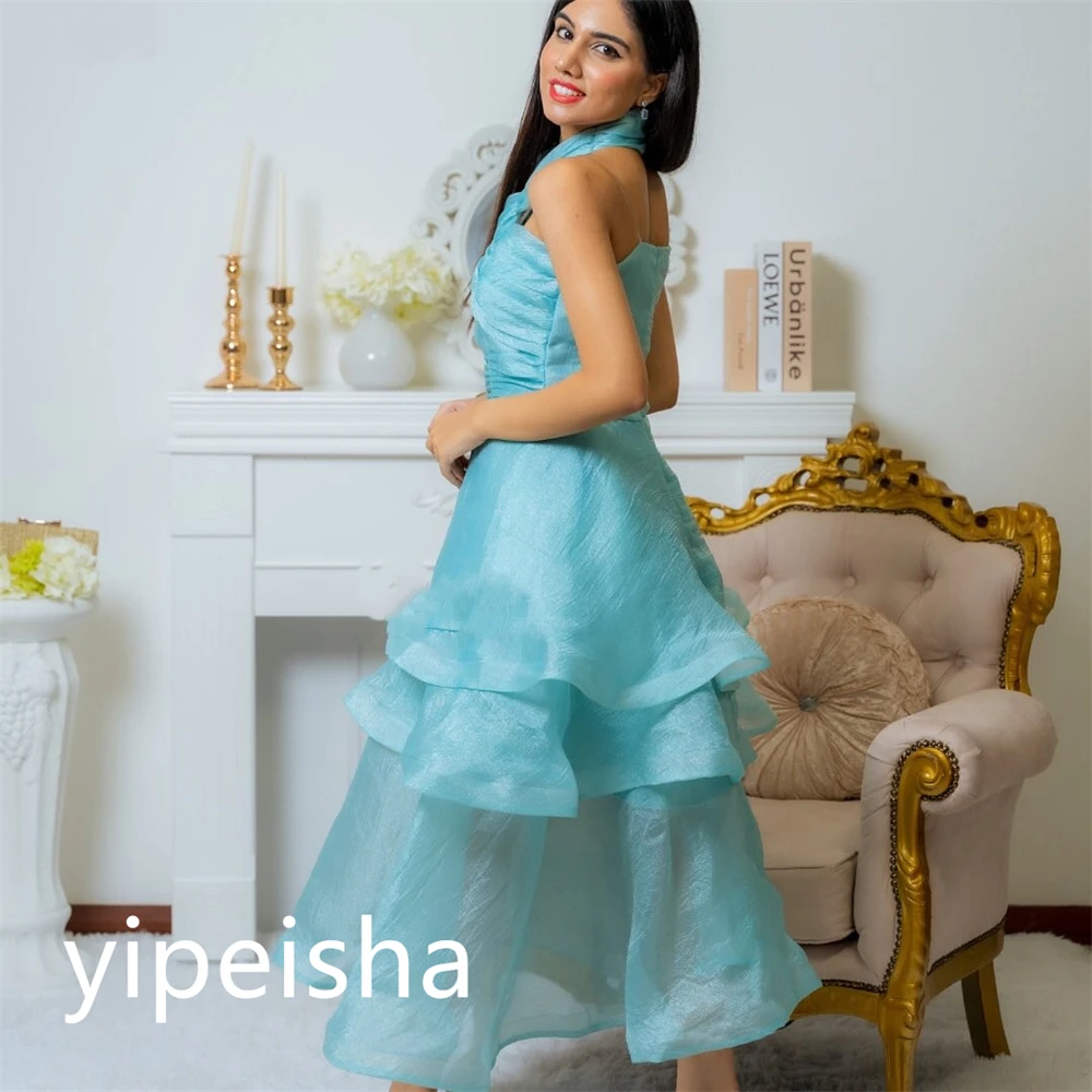 Vestido de fiesta de moda personalizado, informal, con cuello Halter, corte en A, fruncido, largo hasta el tobillo, faldas en capas, Organza, fiesta de bienvenida