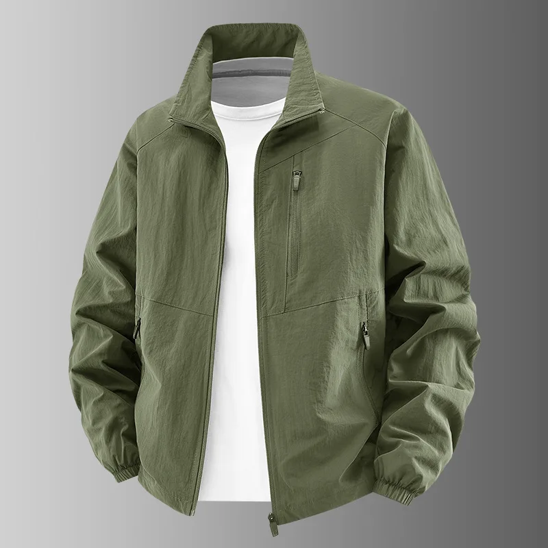 Men Stand Collar Lightweight Outdoor Jacket Spring Autumn Multi Zipper Pockets Windproof Stretch Casual Men Outerwear