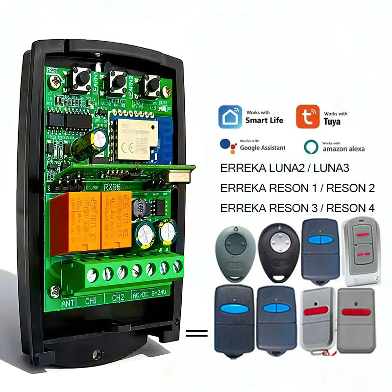 

WIFL-приемник TUYA для пультов дистанционного управления гаражными воротами ERREKA LUNA2 LUNA3 RESON1 RESON2 RESON3 RESON4, 7-32V 85-250V, 433,92МГц.