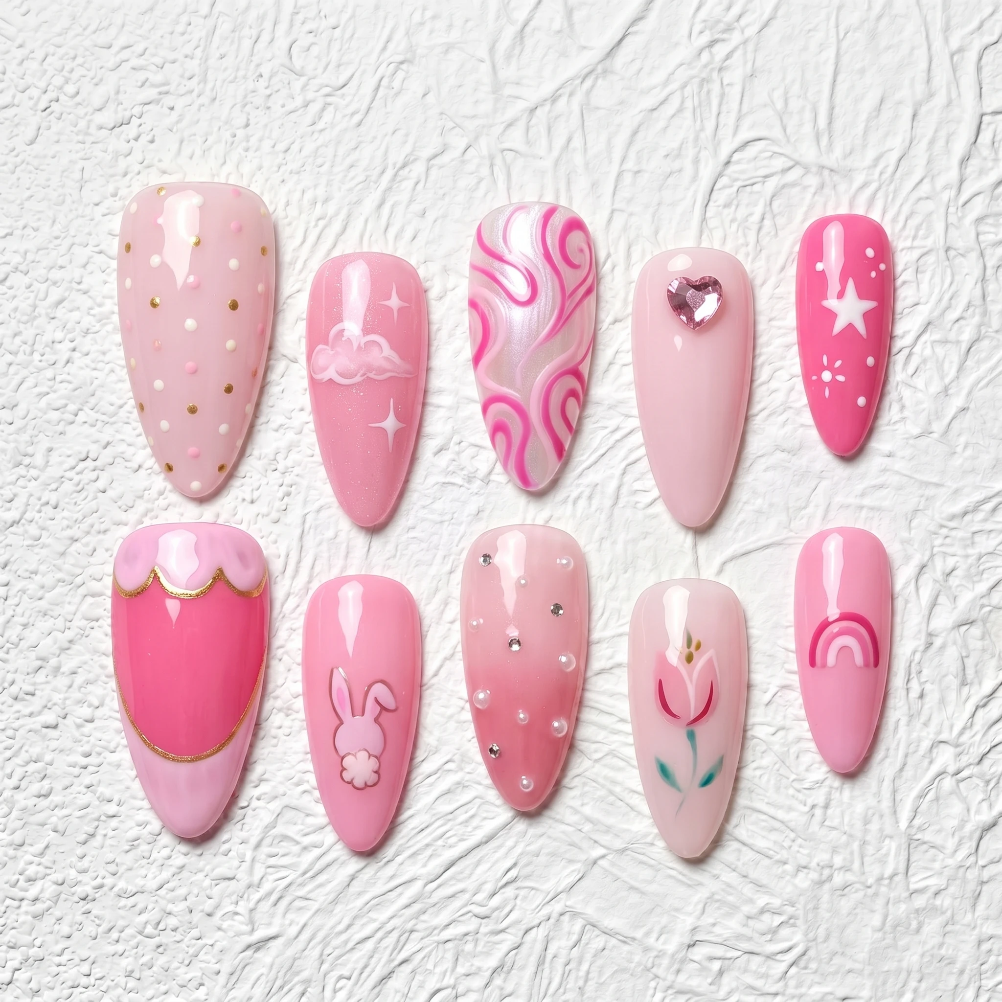 Artisan Handcrafted 10PCS Cute Coquette Almond Press-On Nails | Pink Clouds, Pearls, Rhinestones, Party Wear Salon Finish