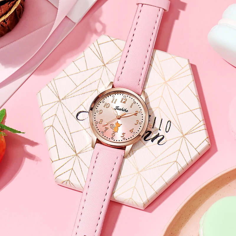 Cute Cat Children Watches Watch Casual Children Simple Rhinestone Girls Wristwatch Gradient Color Leather Quartz Kids Clock Gift