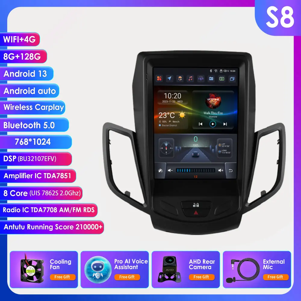 Hizpo 2 Din autoradio voor Ford Fiesta MK7 2009-2016, multimediaspeler met CarPlay, Android Auto, GPS, BT, WIFI, FM, RDS, AI.