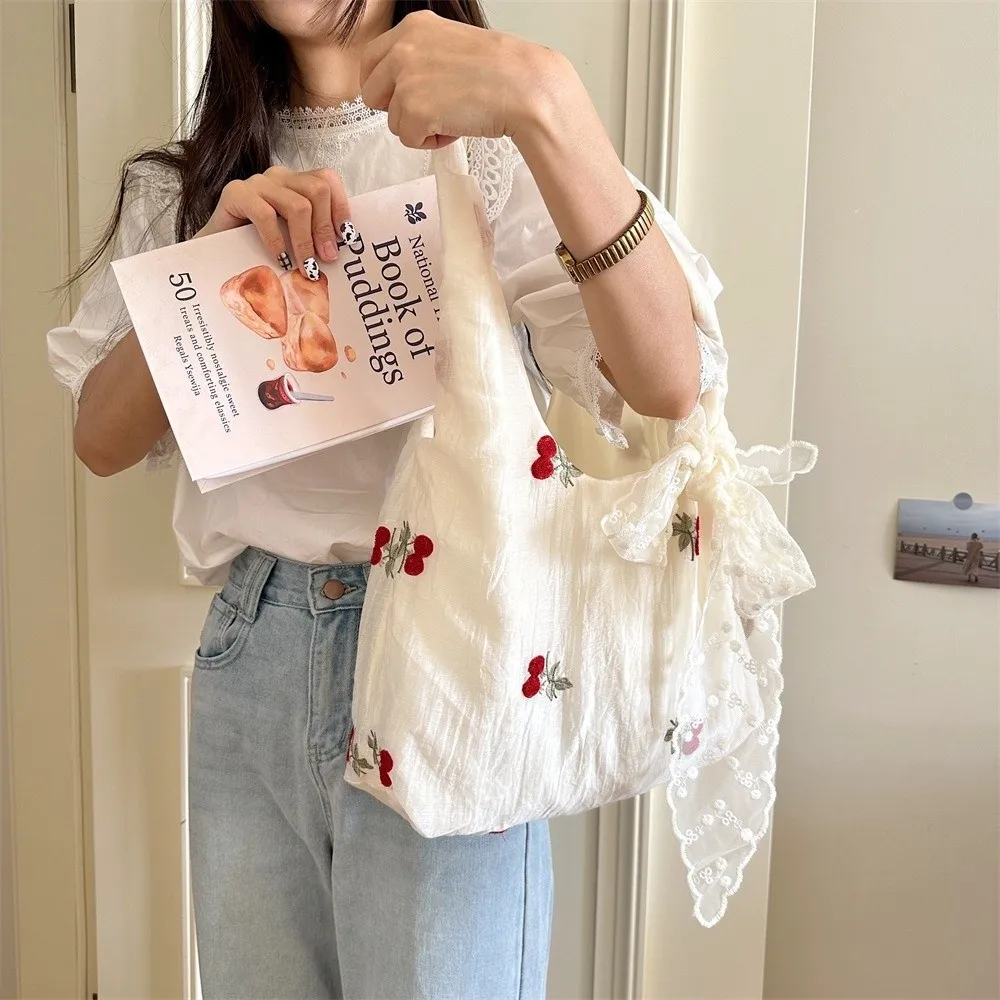 Sweet Embroidered Bow Tote Bag Solid Color Chiffon Cherry Shoulder Bag Large Capacity Light Weight Canvas Underarm Bag Women
