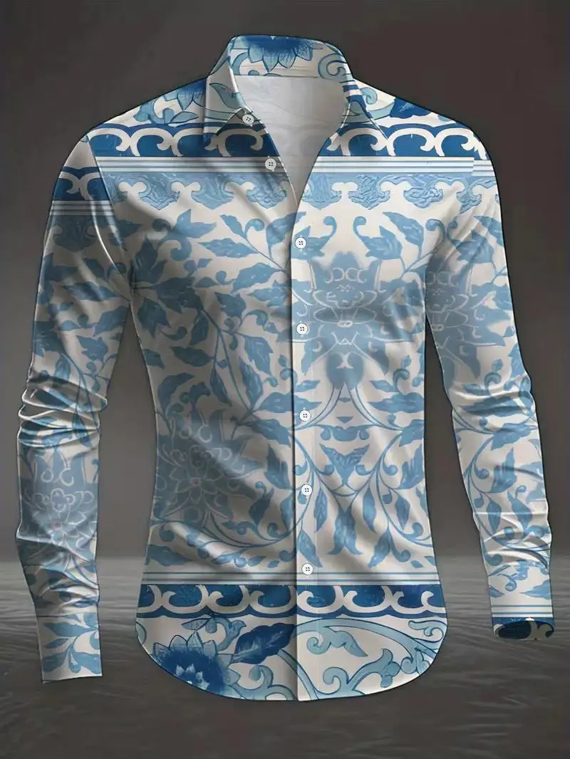 Men's Floral Print Fashion Casual Collared Shirt Autumn Clothes Ropa Hombres Conjuntos Ensemble Homme