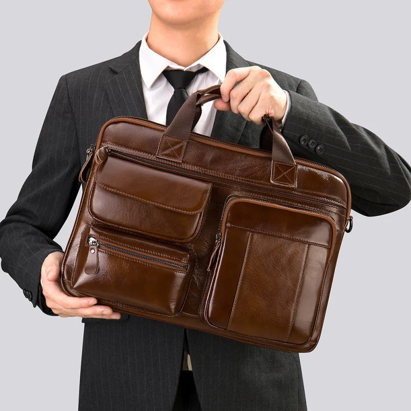 Business travel commuter genuine leather handbag top-layer cowhide crossbody briefcase, men's laptop bag Retro briefcase