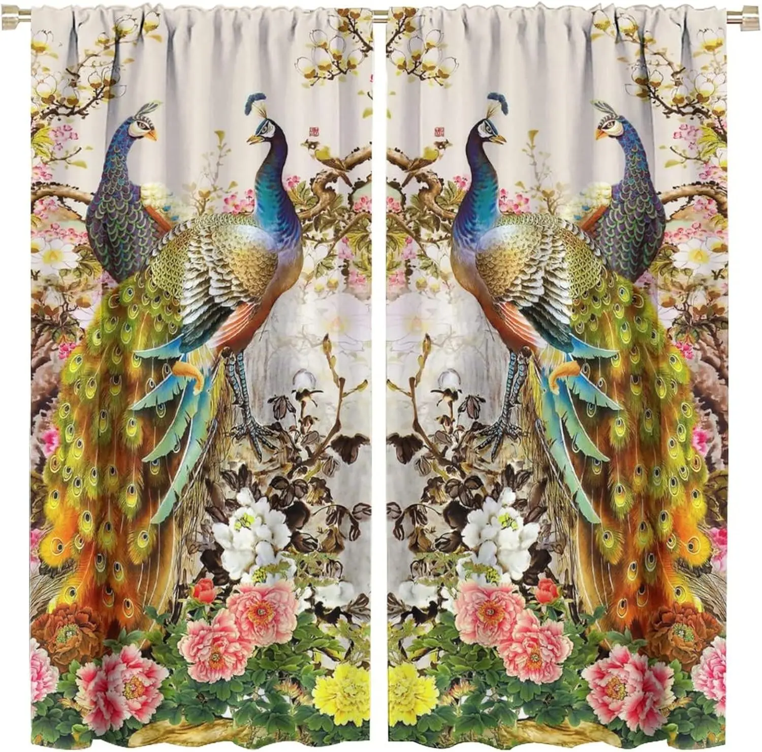 Luxury Peacock Floral Curtain Pair for Living Room Bedroom Window Drapery Elegant Tropical Pattern Home Decor Wall Hanging Panel