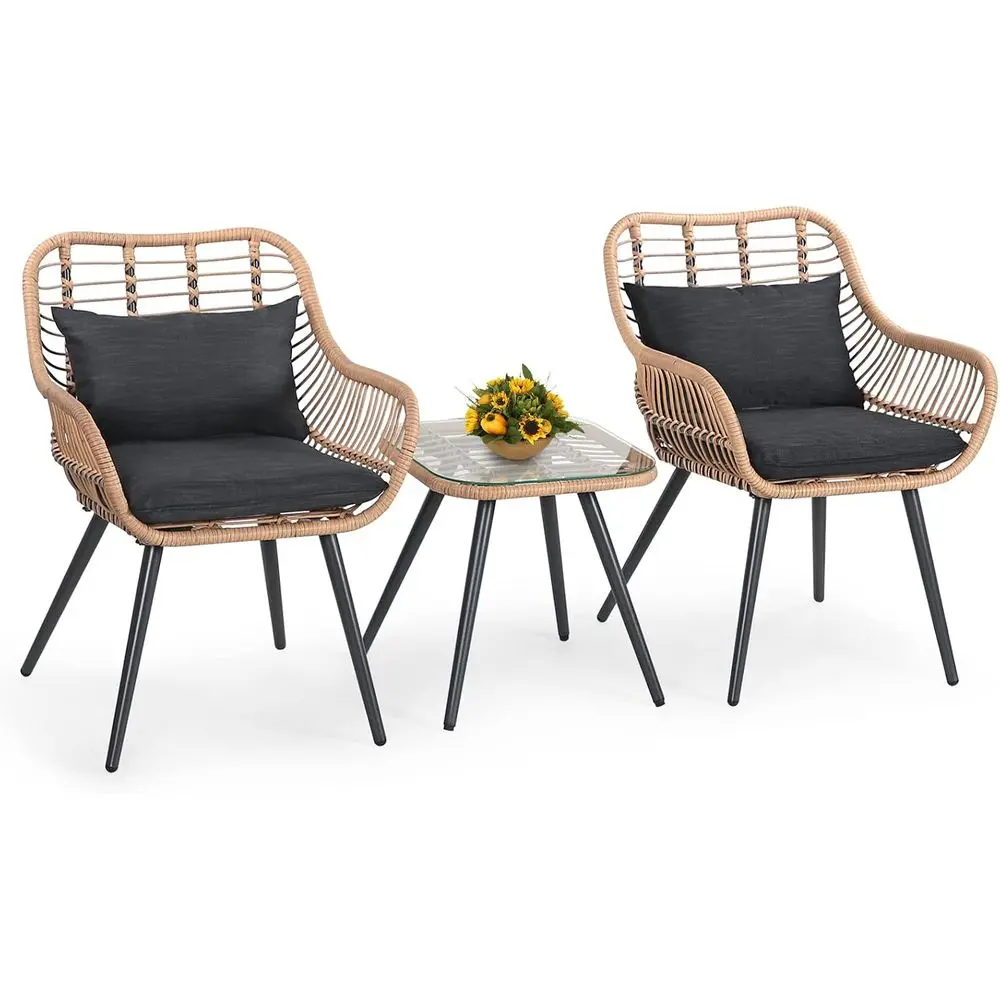 3 Piece Patio Bistro Set, Outdoor Wicker Contion Chair Sets Balcony urniture,Coee Table with Glass Top, Cushions & Lumbar Pillow