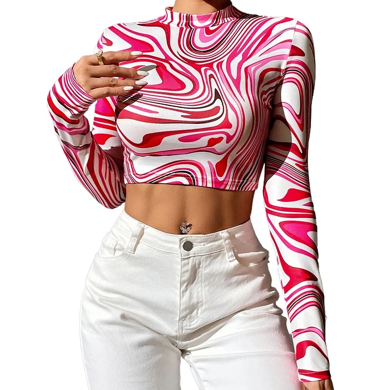 Tops básicos de manga larga para mujer Tops sencillos Tops de moda para mujer Y2K Tops cortos con cuello simulado y estampado de mármol
