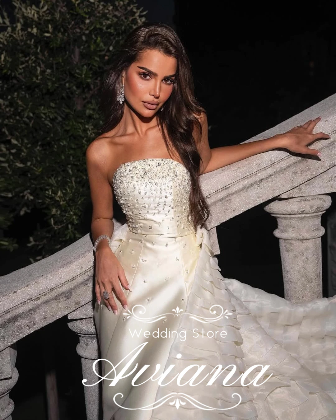 Aviana Customized Strapless Beaded Wedding Dress Sparkling Embellishments Ruffled Skirt Elegant Bridal Gown Long Train Stylish B