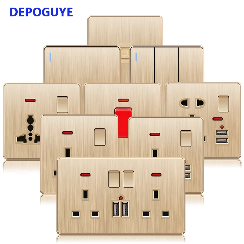 

Depoguye Gold UK Plug USB Wall Power Socket, 220V Mobile Phone Charger Adaptor, Wall-mounted Universal 5-hole Socket with Switch