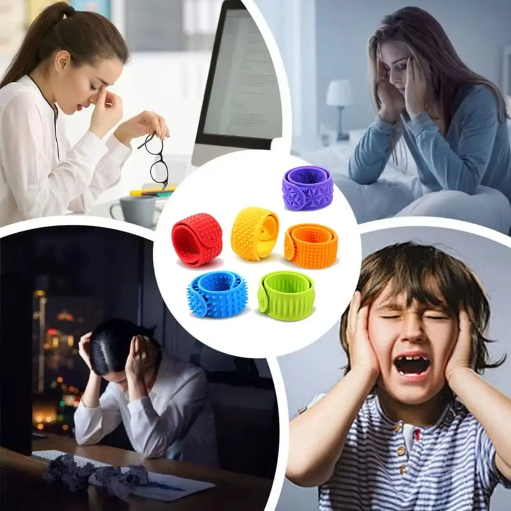 

6pcs Hands Clap Circle Silicone Slap Bracelets Surface Patted Bracelets Sensory Textured Wristbands Wearable Design Colorful