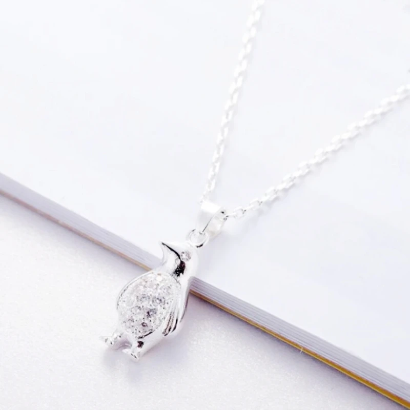 Korean Cute Penguin Literary Shiny Animal Silver Color Clavicle Chain Necklace For Women Fashion Jewelry Party Birthday Gift
