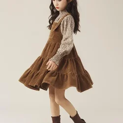 Girls Dress One Piece Suit Spring and Autumn New Fashion Floral Overalls Skirt Two Piece Suit Outer Wear Casual Simple