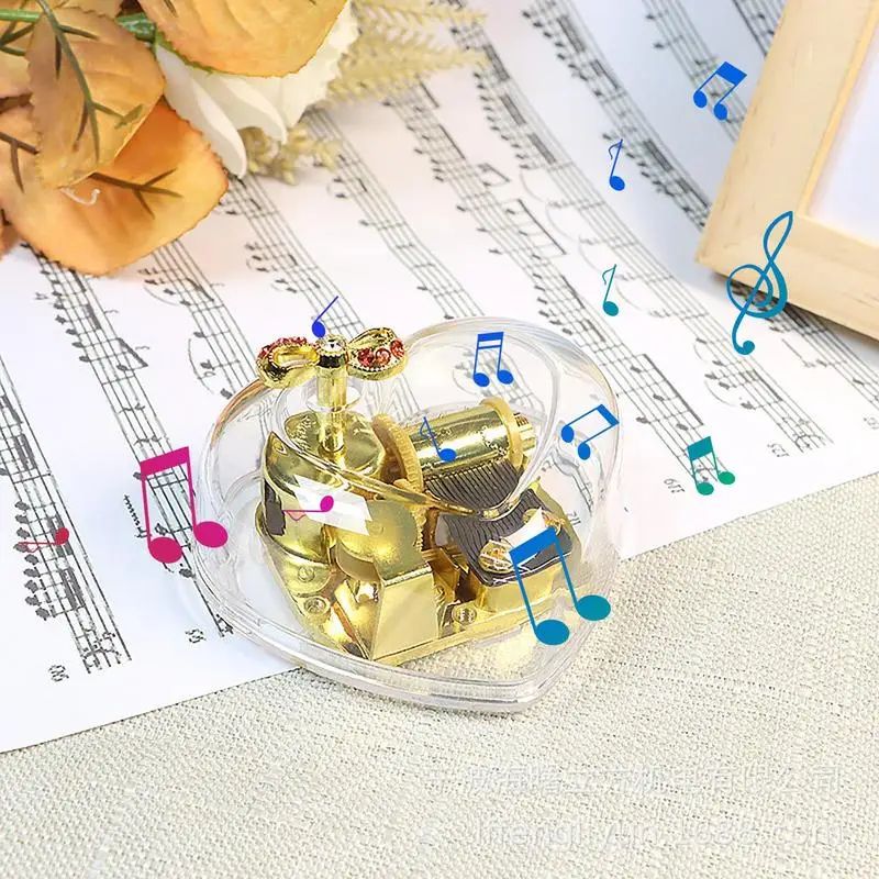 Clear Acrylic Music Box Heart-Shaped Music Box Wind Up Acrylic Musical Box Gold-Plated Transparent Musical Figurines With Bow