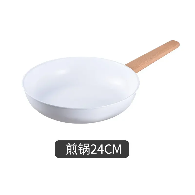 1pcs Double-sided Ceramic Non-stick Pot Japanese Style White Wood Grain Soup Pot Frying Pan Combination Non Stick Cooking Pot