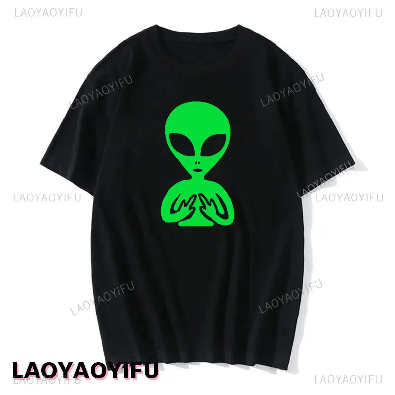 Middle Finger Green Alien printed T-Shirt Funny 90s Hipster Graphic Cotton T Shirt Fashion Summer Short Sleeve man women Tshirt