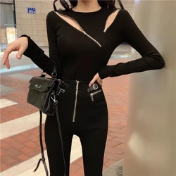 Korean Version Short Long Sleeved T-shirt for Women Super Hot 2024 Early Autumn New Zipper Hollow Out Slim Fit Bottom Shirt Top