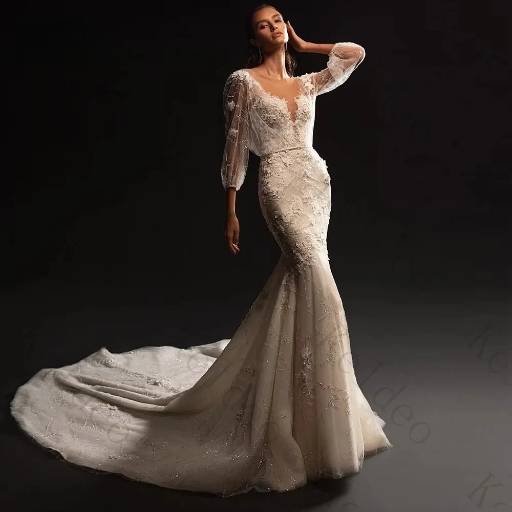 Customized Sexy Illusion Neck Mermaid Long Sleeves Wedding Dresses Lace Beading Pearls Removable Jacke Floor-Length Bridal Gowns
