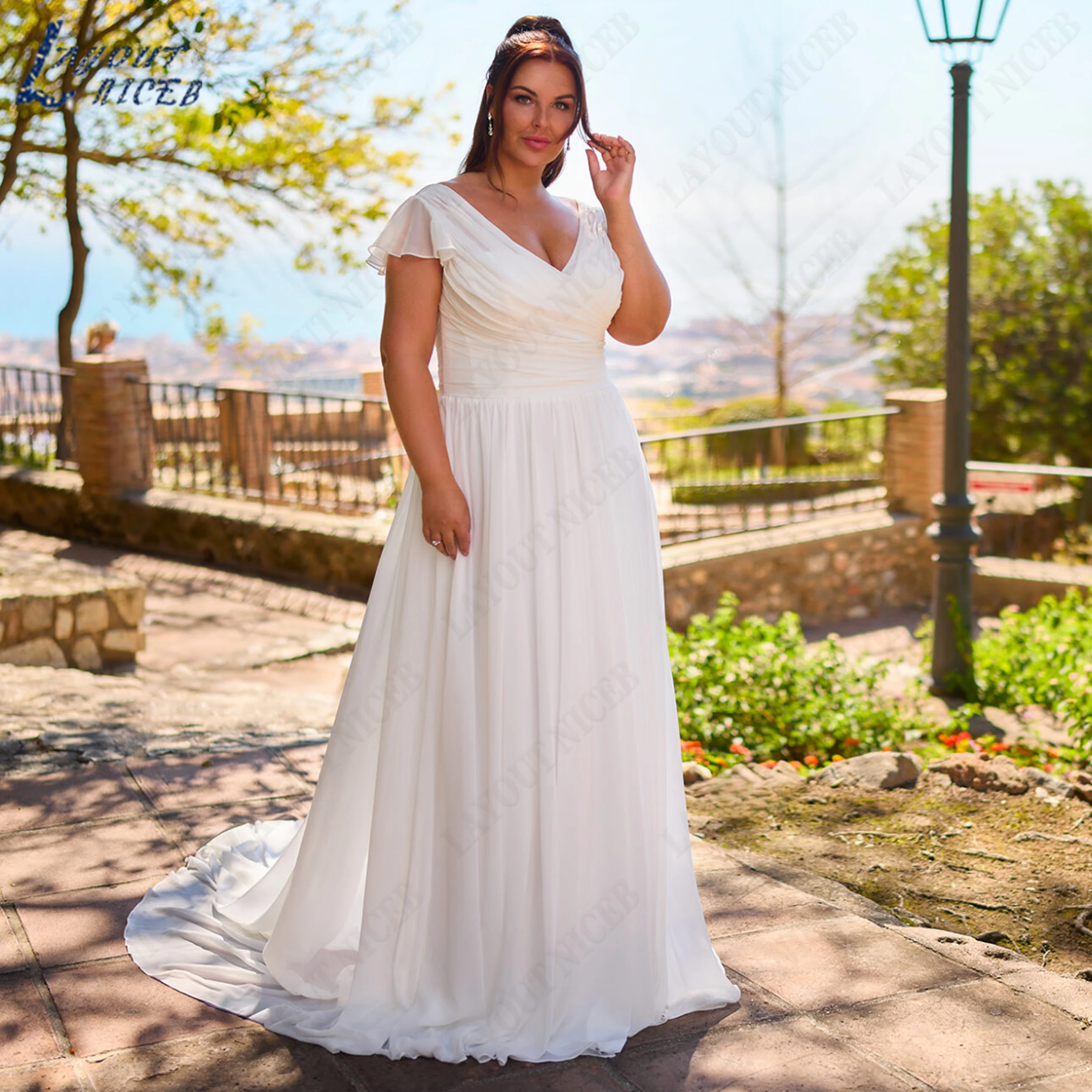 LAYOUT NICEB Customized Plus Size Chiffon Wedding Dress V Neck A‑Line Bridal Gown Cape Sleeve Bbride Dresses For Weddings