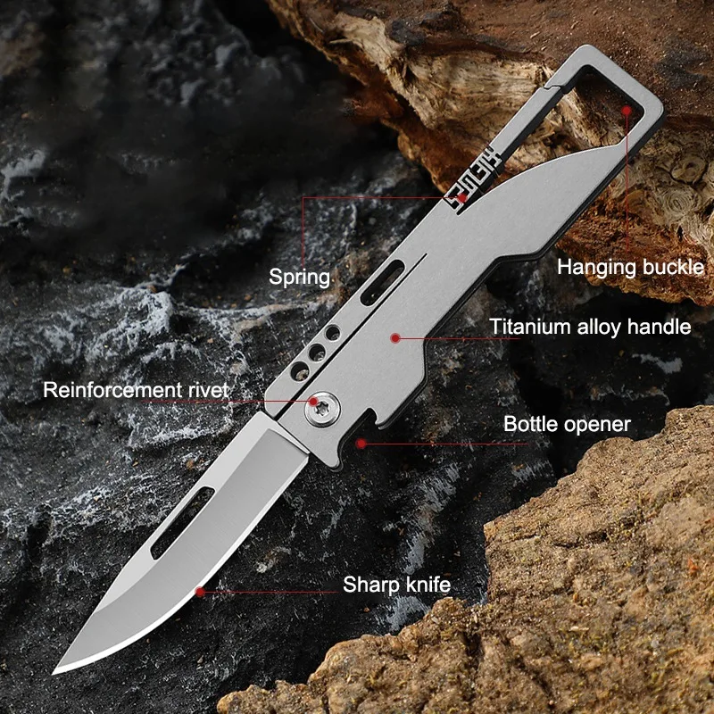 5Cr13mov Steel Titanium Alloy Folding Knife Climbing Buckle Outdoor Multitool EDC Security Self-defense Hand Tools Bottle Opener