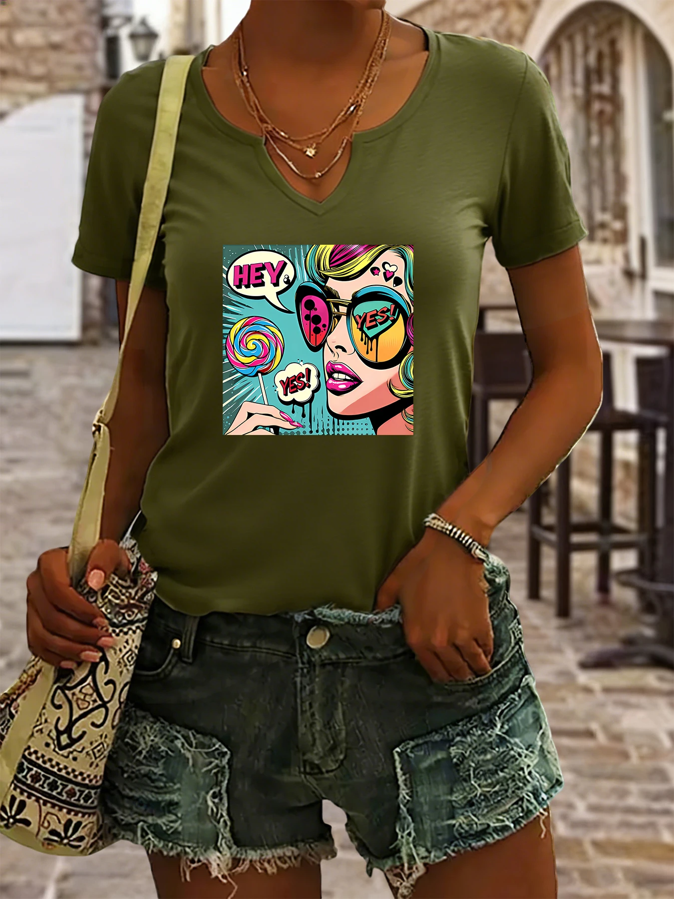 Women's Summer V-Neck Short Sleeve T-Shirt, Pop Art 