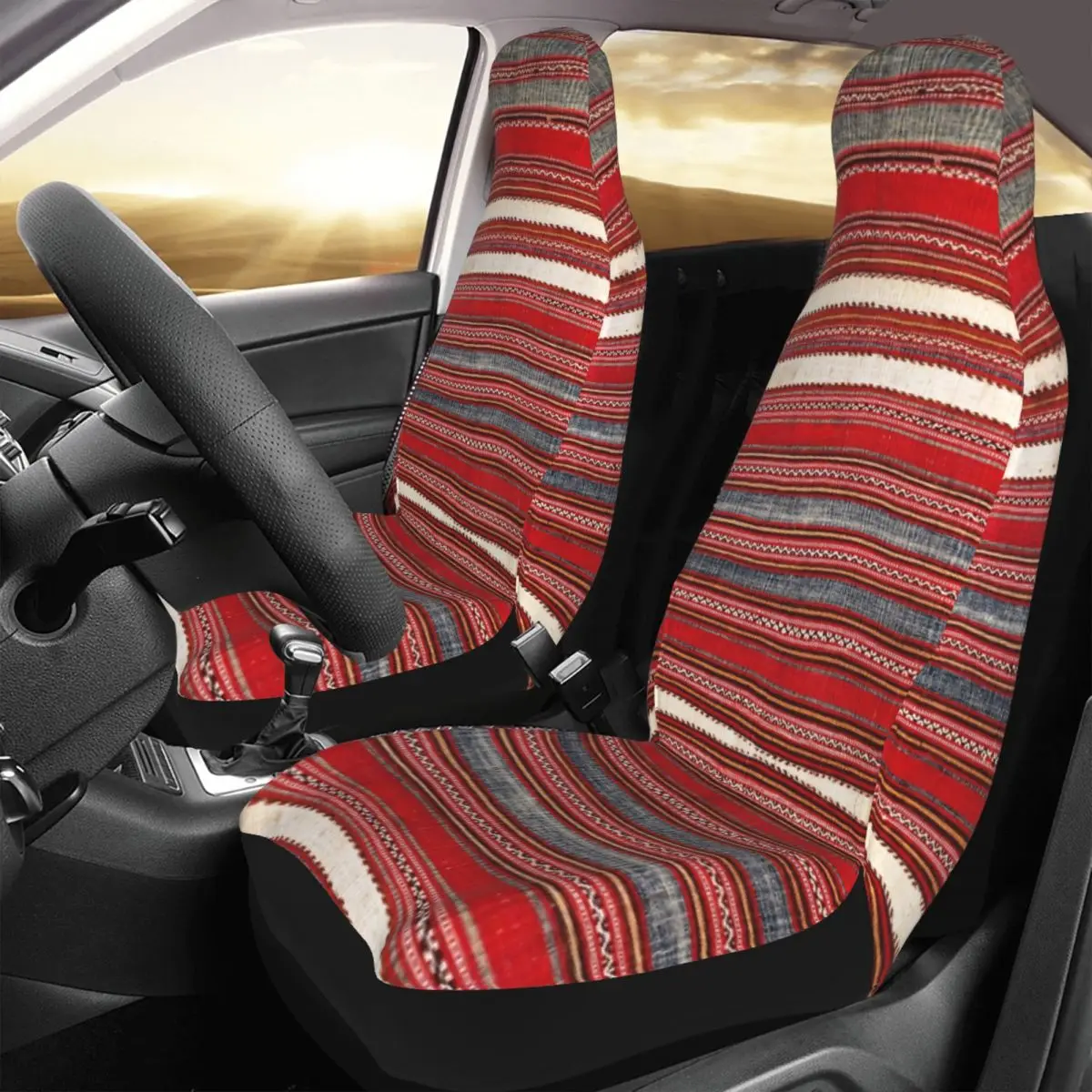 Antique Print Universal Car Seat Cover Four Seasons For SUV Ethnic Boho Front Rear Flocking Cloth Cushion Fiber Seat Protector