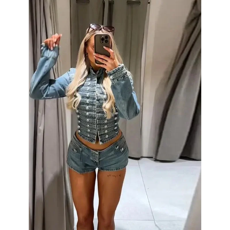 Chic Stand Collar Denim Coat Shorts Set Women Multiple Rows Button Decoration Jacket Low Waist Jean Shorts Retro High Streetwear view 2