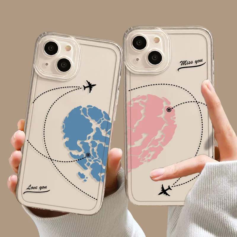 

Aircraft Love Heart Couple Phone Case For iPhone 13 11 12 14 15 Pro Max Mini XS Max XR SE 14 Plus Plane Transparent Cover Fundas