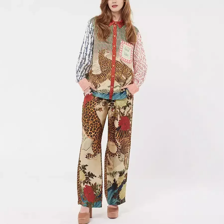 ليوبارد مطبوعة بنطال ذو قصة أرجل واسعة مجموعات النساء خمر واحدة الصدر رفض كولور 2024 جديد شيك ربيع الخريف سيدة بلوزة الدعاوى